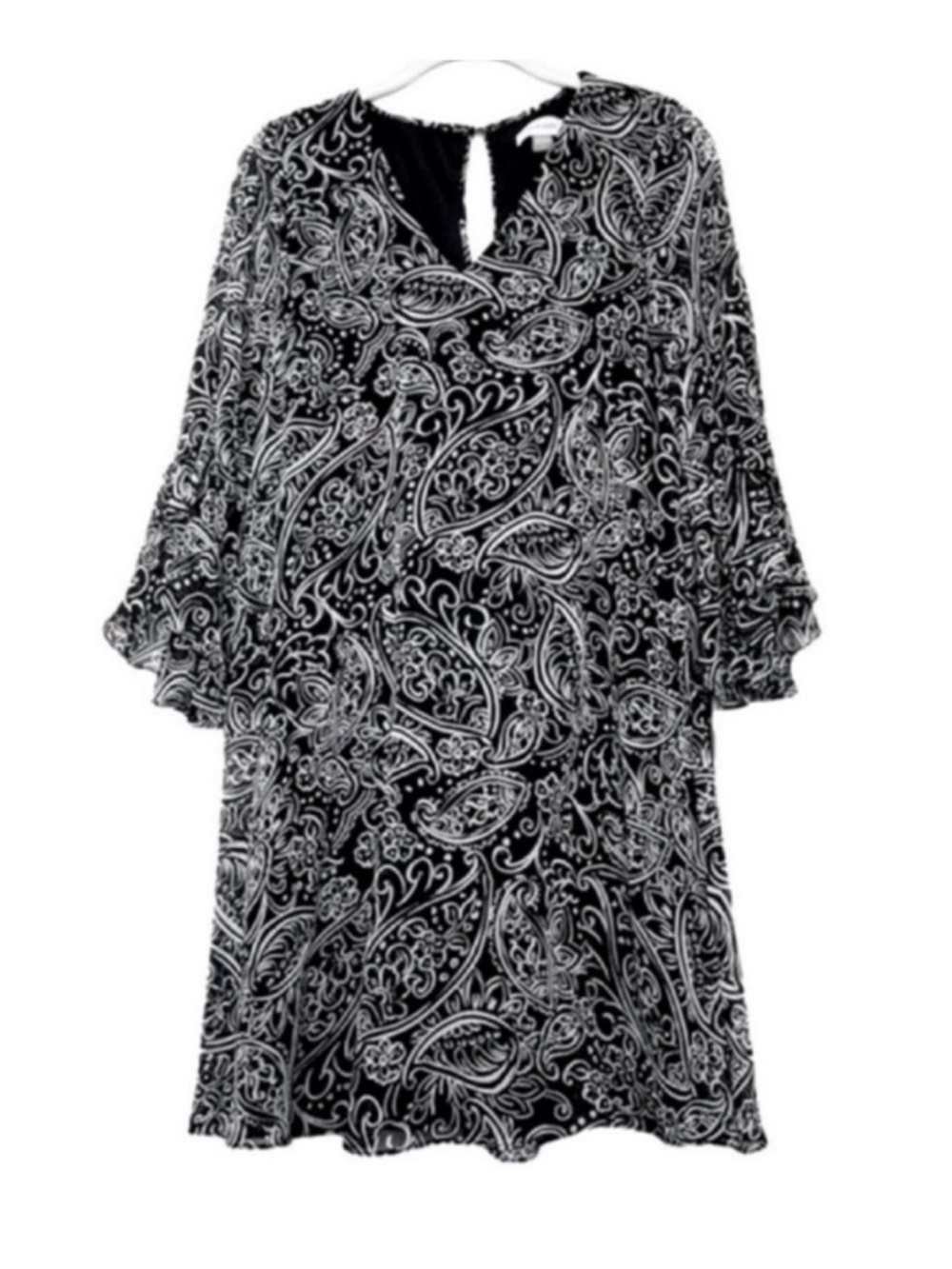 NEW Calvin Klein V-neck Dress Paisley Shift Ruffle Sleeve Black Off White Size 6